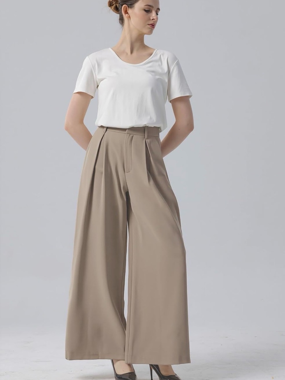 Tronjori Mocha Wide Leg Dress Pants Trouser Elastic Waist Size M Polyester